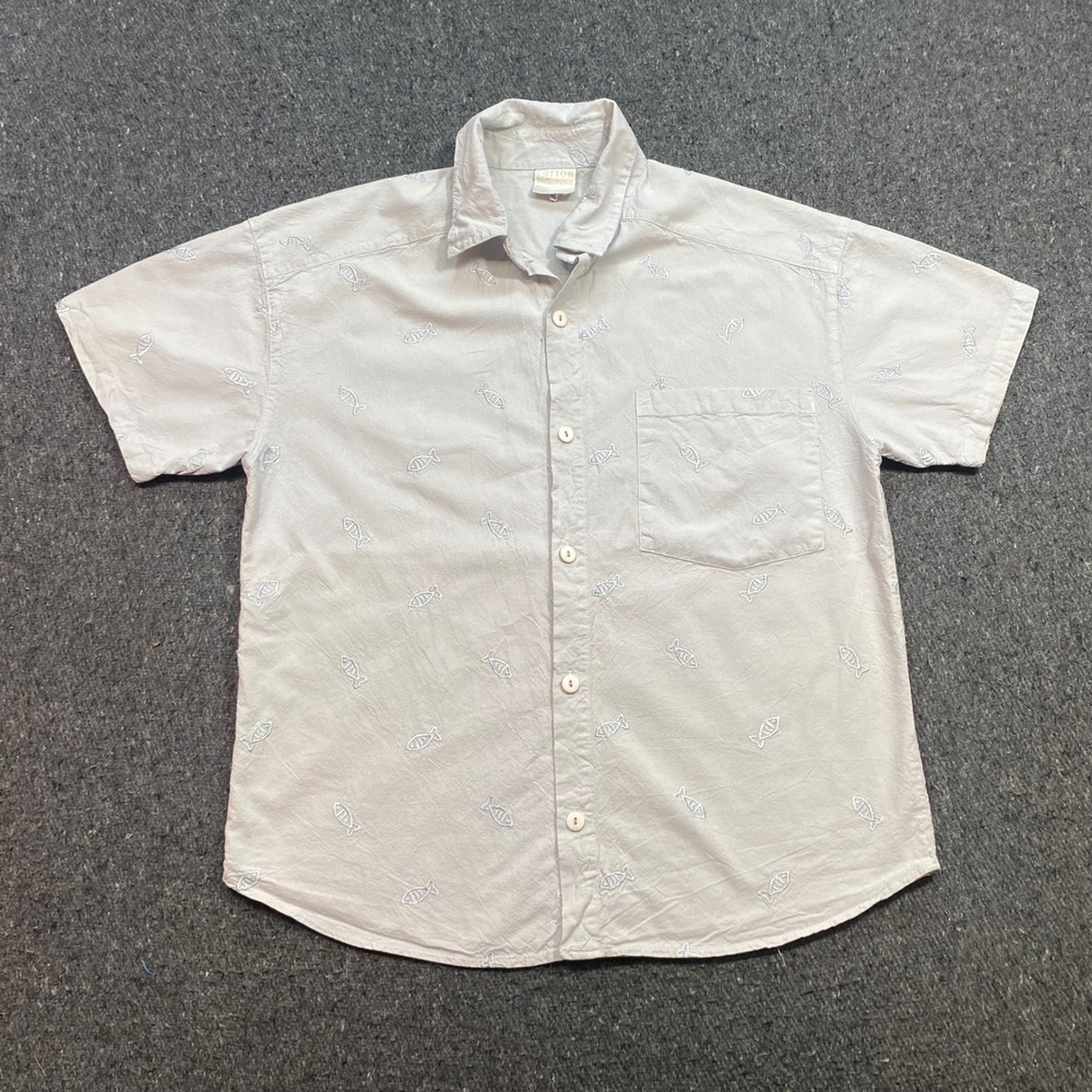 Cotton Connection Shirt Sz S Mens Gray Skater Fish Embroidered Pocket Button Up